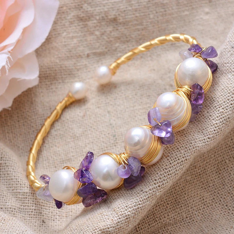 100% натуральный пресноводный жемчуг и Фиолетовый Кристалл 14K позолоченный