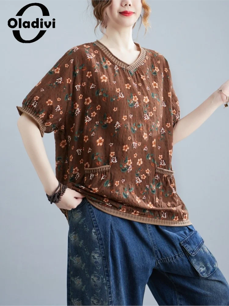 

Повседневные свободные блузки Oladivi для женщин, Новинка лета 2022, модные рубашки с принтом, большие размеры, топы, туники, блузы 91001