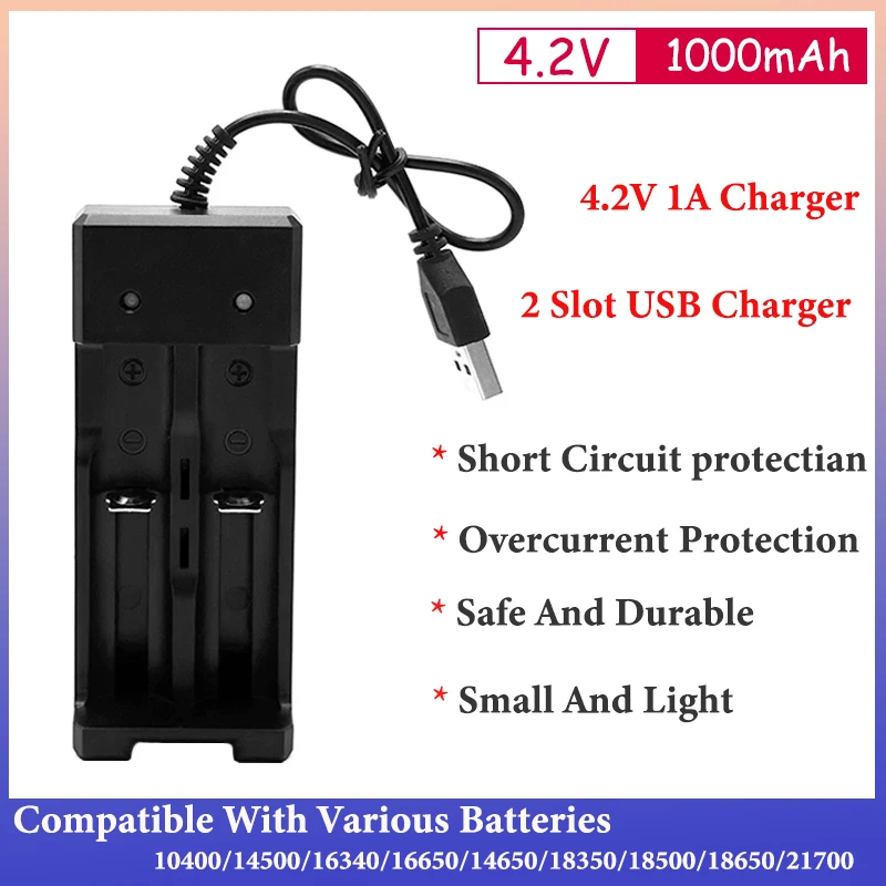

Универсальное зарядное устройство с 2 слотами USB для аккумуляторов 18650, умная зарядка, перезаряжаемые литиевые батареи Liion 18500, 14500, 16650, 14650, 4,2 ...