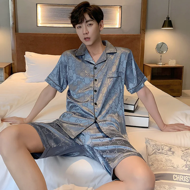 Men's Summer Short-Sleeved Shorts Two-Piece Ice Silk Thin Pajama Suit, Celebrity Hot Selling Imitation silk Loungewear Sets