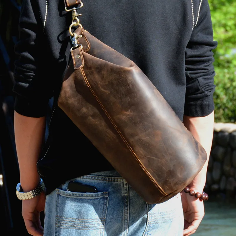 Vintage cylinder designer natural genuine leather men's chest bag fashion casual crazy horse cowhide shoulder crossbody bags