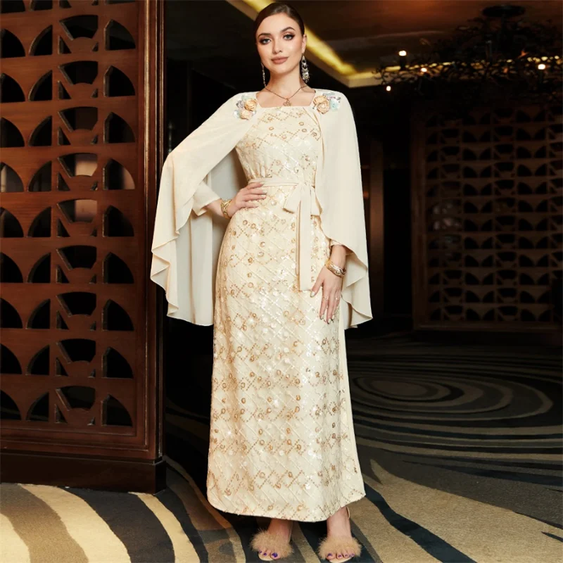 Modest Dress For Woman Rhinestone Luxury Dubai Evening Dress Fashion Sequins Floral Embroidery Guipure Shawl Turkish Dress