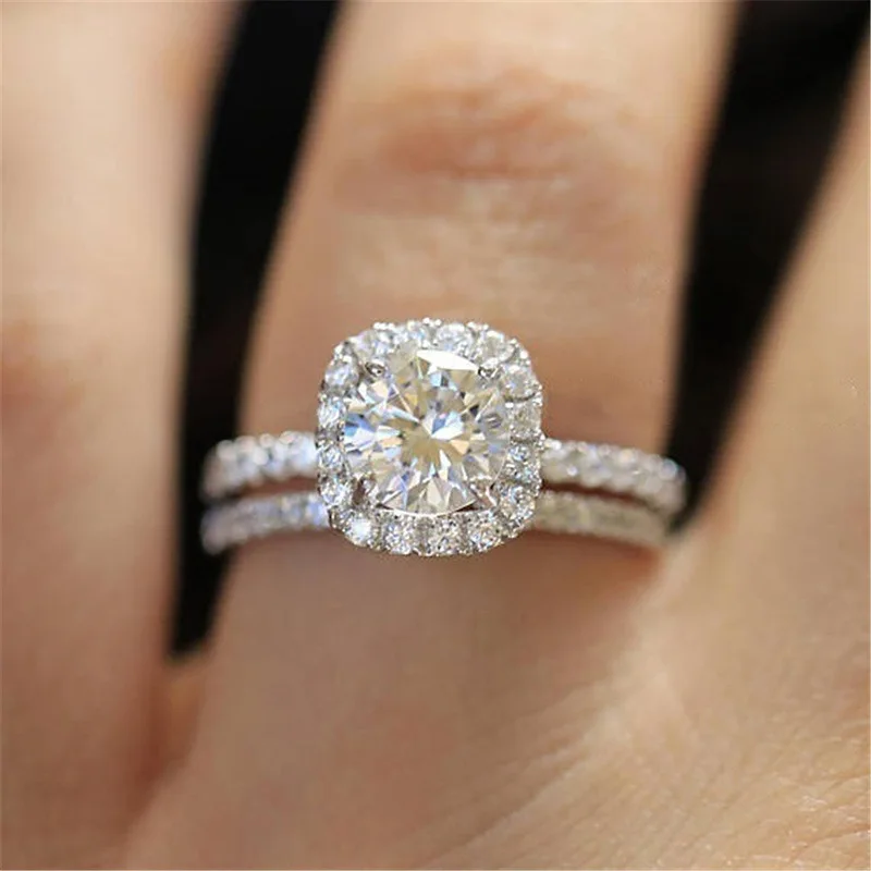 

Huitan 2PC Bridal Ring with Round Brilliant Cubic Zircon Prong Setting Anniversary Engagement Wedding Rings for Women Size 5-12