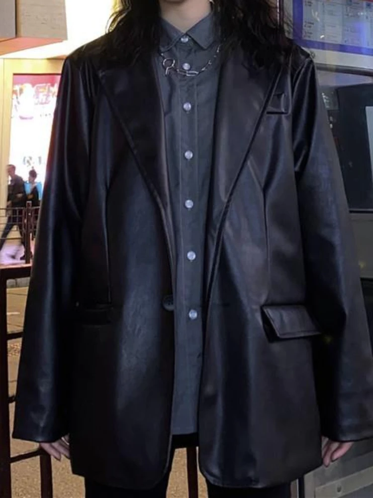 Leather coat Women's Spring and Autumn Korean version ins Vintage black top Suit Loose casual jacket Overlay