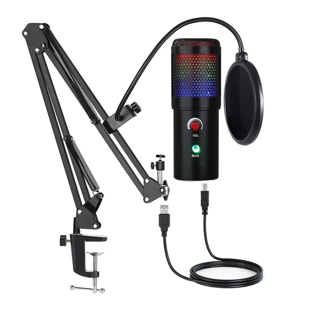 

Metal USB Microphone Condenser Gamer Studio Mic Metal With Arm Stand And Ring Light For PC Karaoke Streaming Podcasting Youtube