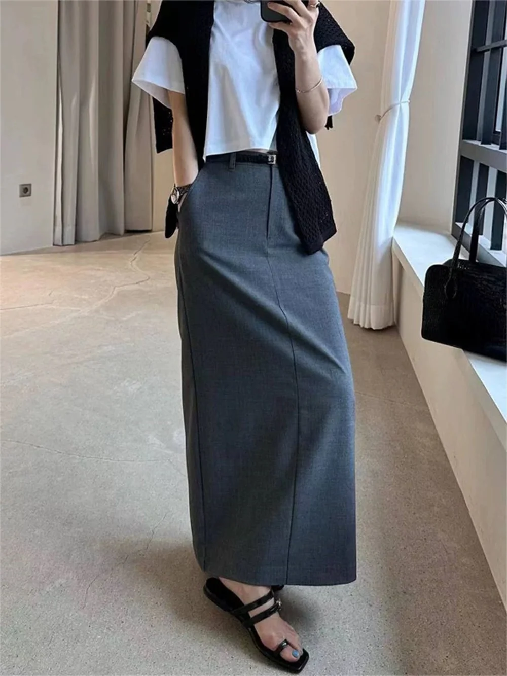 

2023 New Women High Waist Solid Color Skirt Summer All-Match Ladies A-Line Slit Hem Simple Slim Long Jupe