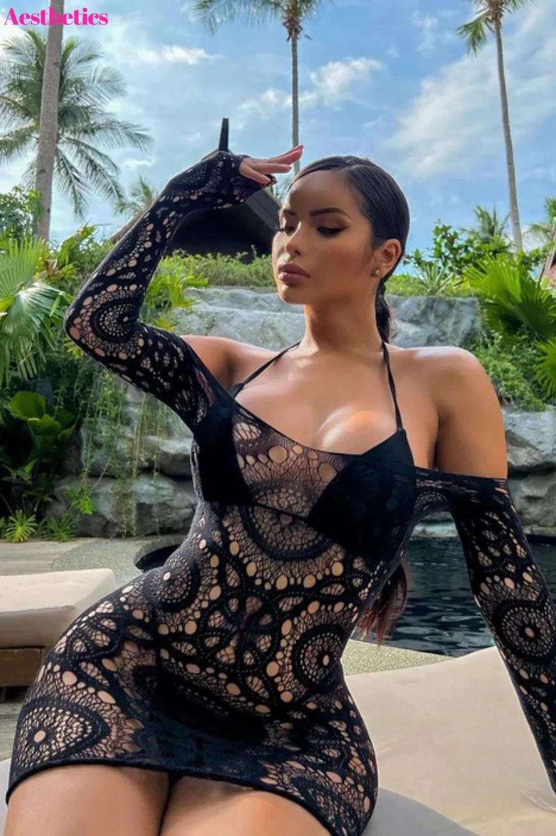 

Sexy Mesh Hollow Out Bodycon Mini Dress See Through Long Sleeve Backless Summer Nightclub Party Lace Outfits Women Nightgown