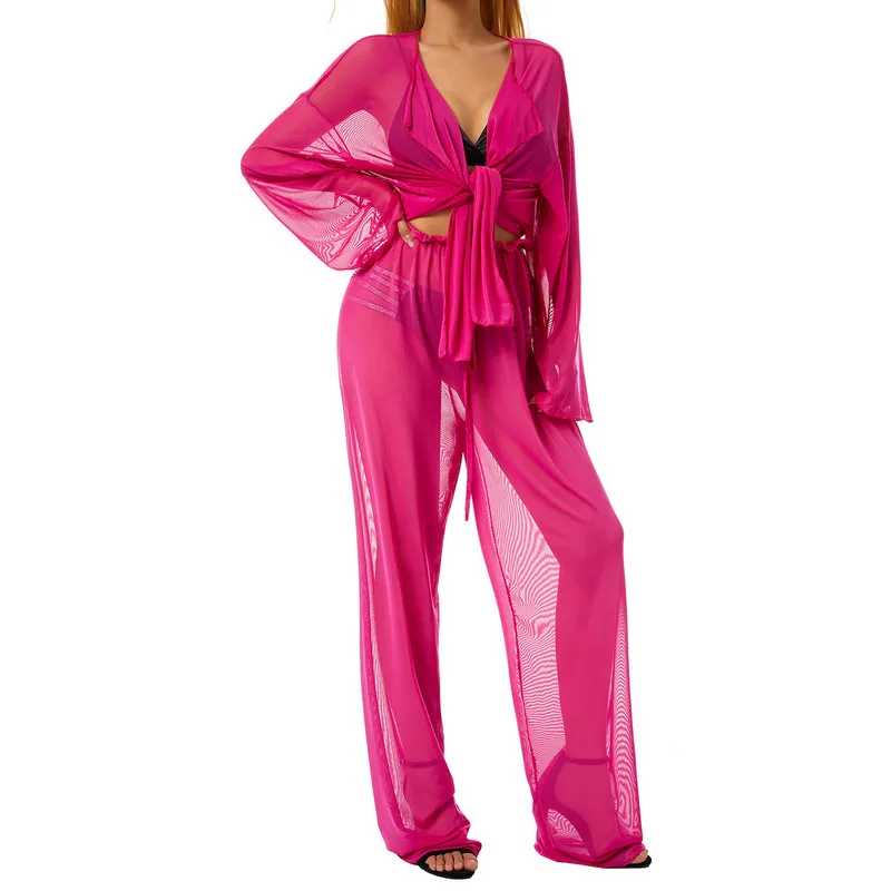 

two piece sets womens outifits Tulle Beachwear Spring Fall Solid Color Sheer Long Sleeves Cardigan Pants Cover-Ups Set Ladies