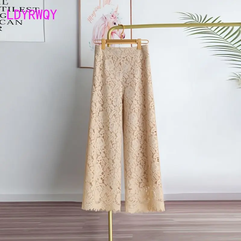 Lace wide-leg trousers, cropped pants, high waist drape, summer new water-soluble lace, loose straight