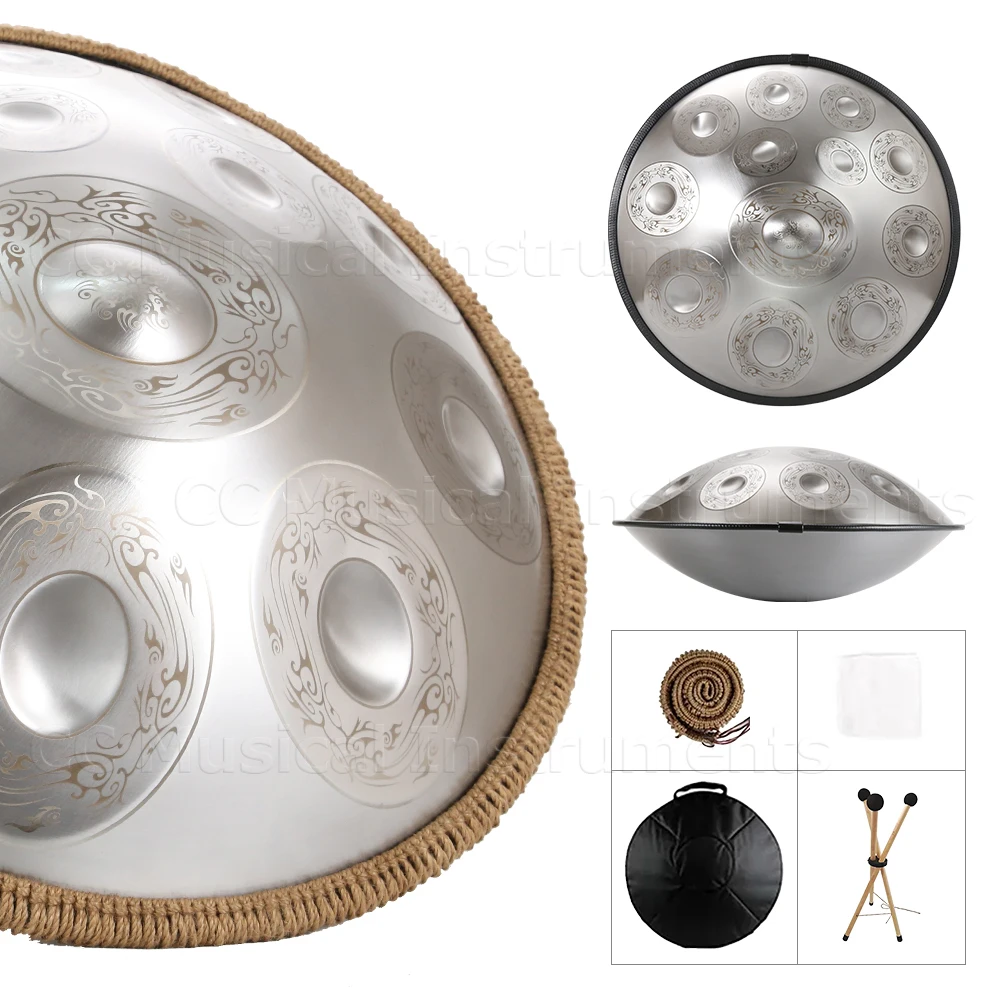 Резной серебряный 22-дюймовый барабан Handpan 440/432 Гц D белый стальной с язычком
