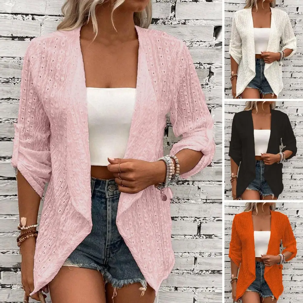

Solid Color Coat Chic Autumn Women's Open Front Cardigan Slim Fit 3/4 Sleeve Solid Color A Stylish Streetwear Outwear