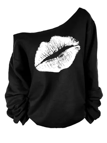 Large lip one shoulder fleece long sleeve Women Hoodie Rock Punk Style Oversize Harajuku Sweatshirt Private Sweatshirt Harajuku