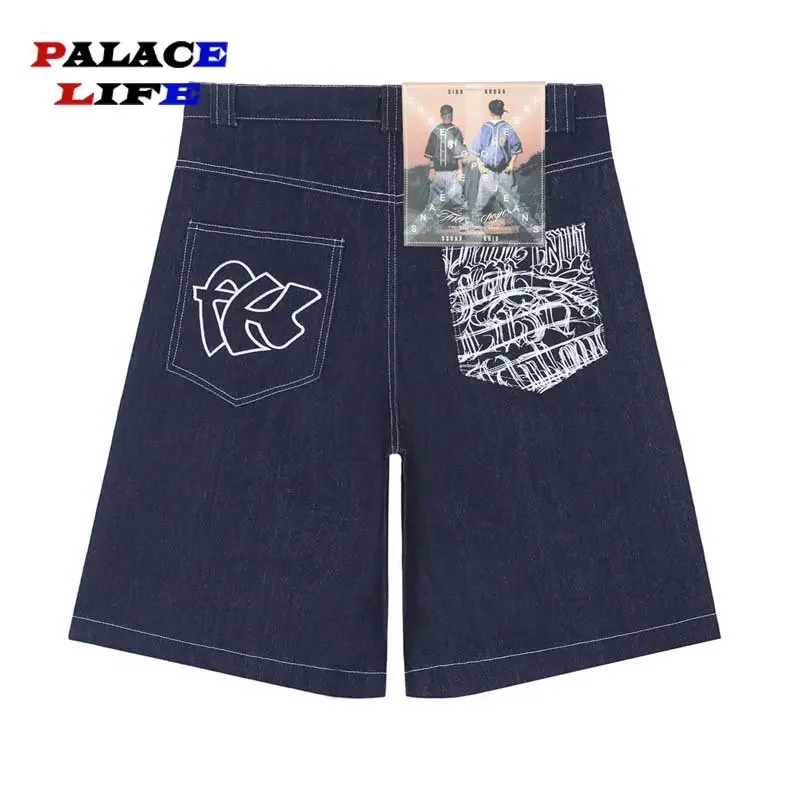 

Street Denim Shorts Men Letter Printed Summer Y2K Loose Casual Jeans Pants Fashion Harajuku Hip Hop Streetwear Blue Short Unisex