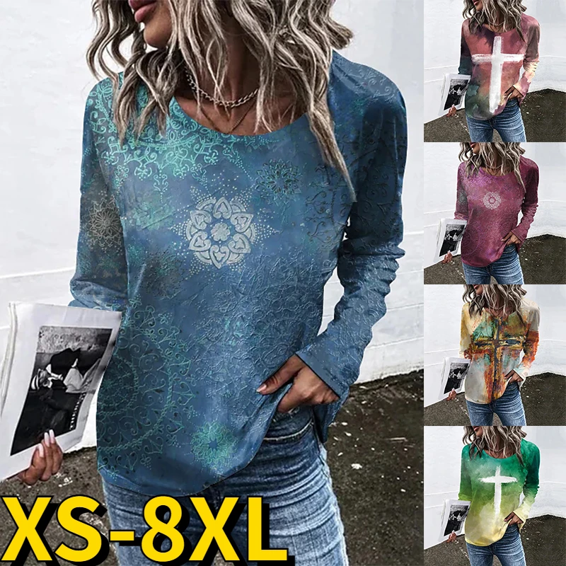 

Женская футболка с круглым вырезом, повседневный элегантный пуловер с длинным рукавом и винтажным принтом, Осень-зима 2023