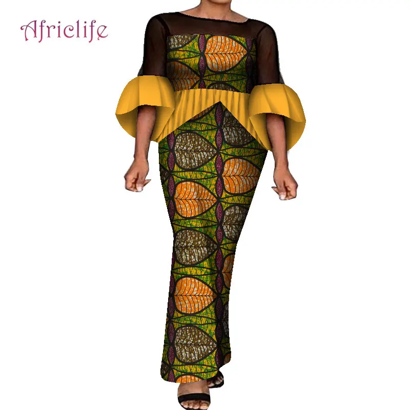 2022 African Women Clothing Printing O Neck Lotus Leaf Bodycon Sexy Dress WY8437