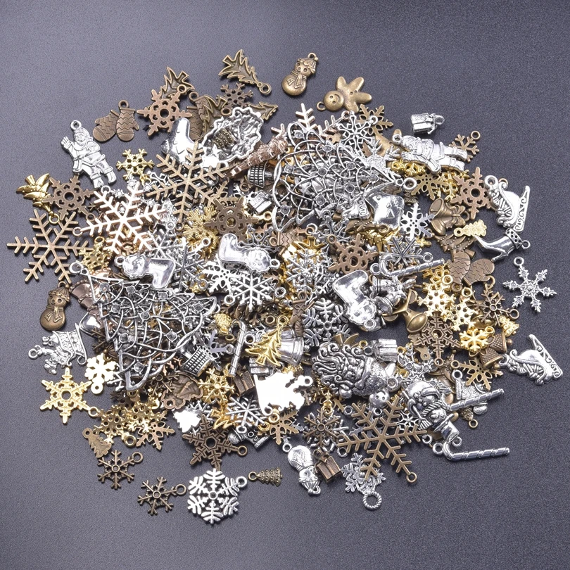 

30/50pcs Mix Christmas Charms Bronze Snowflake Bells Pendants Gold Color Lucky Jewellry bulk charms for jewelry making Accessory