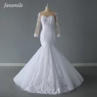 fansmile full sleeve vintage lace mermaid wedding dress 2022 embroidery plus size custom made elegant bridal gown fsm 210m