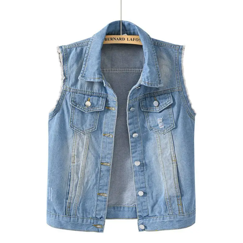 

Casual Women Coats Vests Denim Sleeveless Jackets Ripped Hole Tops Spring/Autumn Outerwear Single Breasted Vests