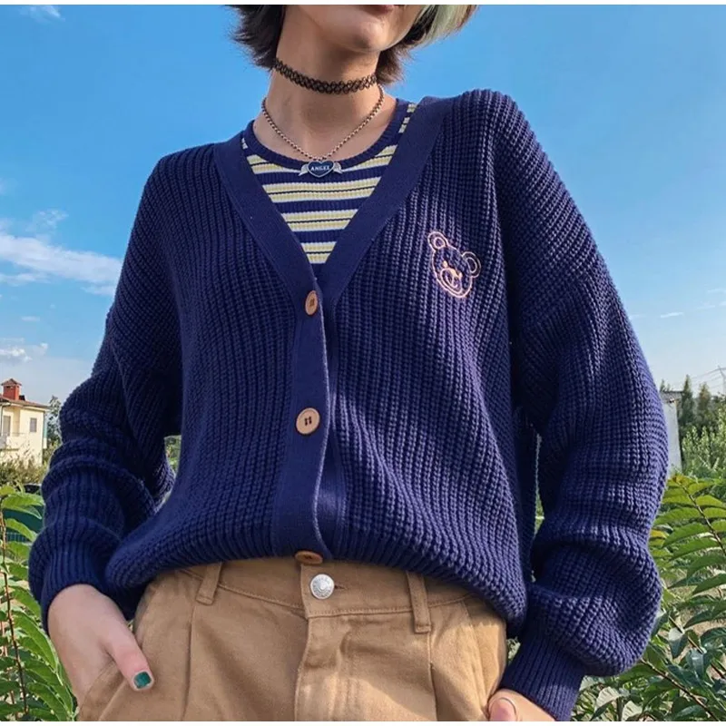 

Ladies Pure Color Knitted Sweater Cardigan Spring and Autumn Embroidered V-neck Top Ladies Sweet Fashion Cardigan Purple Y2k