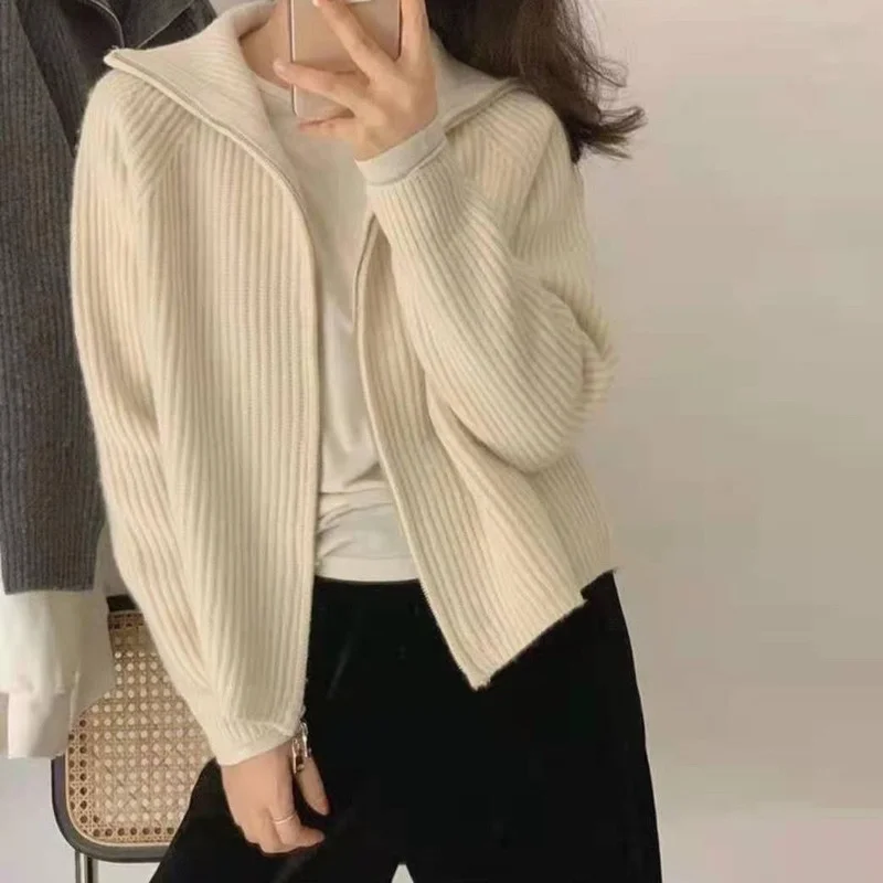 

Sweater Cardigan Women Spring New Solid Vintage All-match Elegant Zipper Loose Daily Soft Sweet Simple Casual Knitwear top