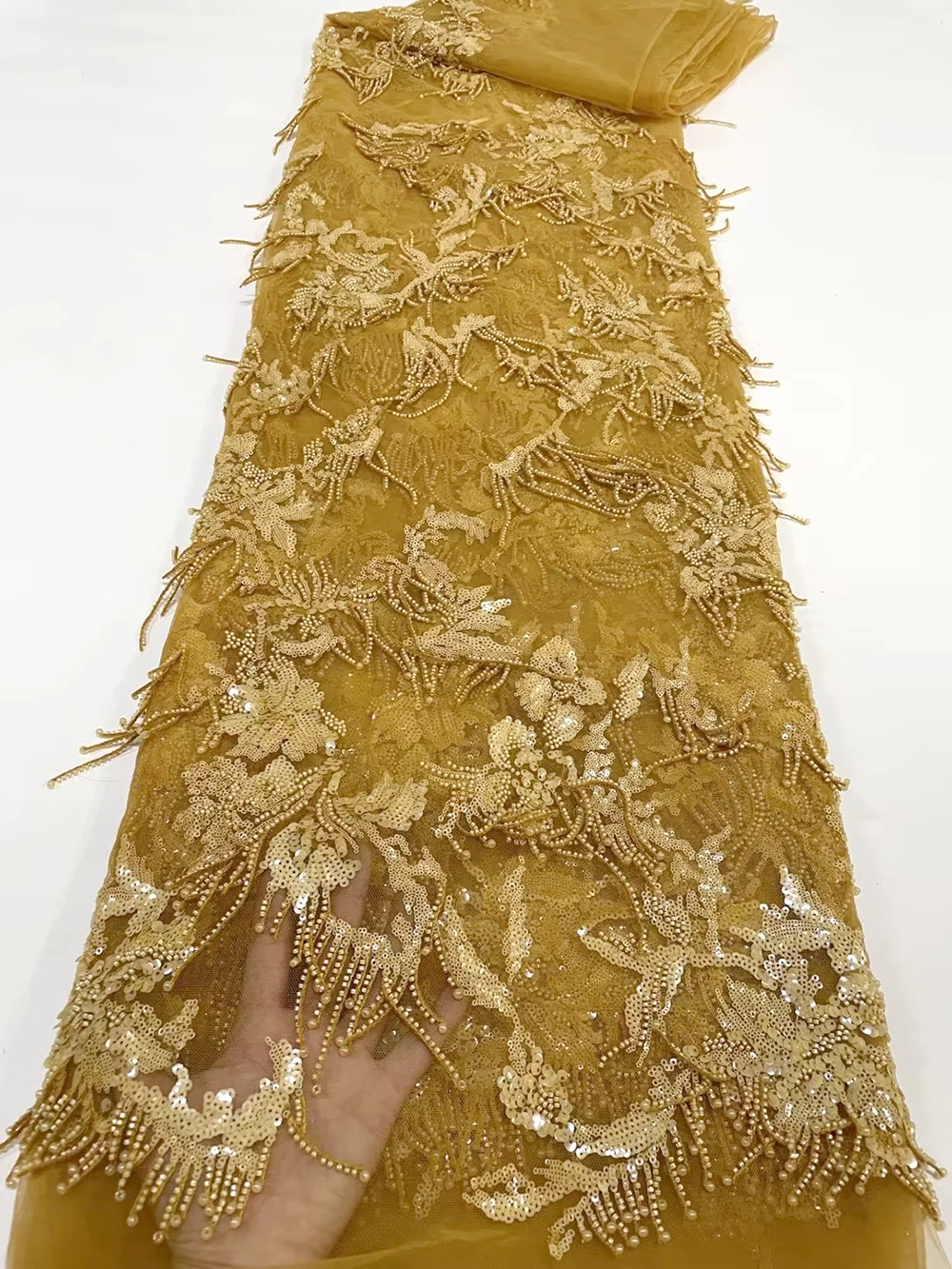 

Gold Color African Fringe Sequins Bead Lace Fabric High Quality French Nigerian Bride Lace Fabric For Sewing Dress Wedding Party