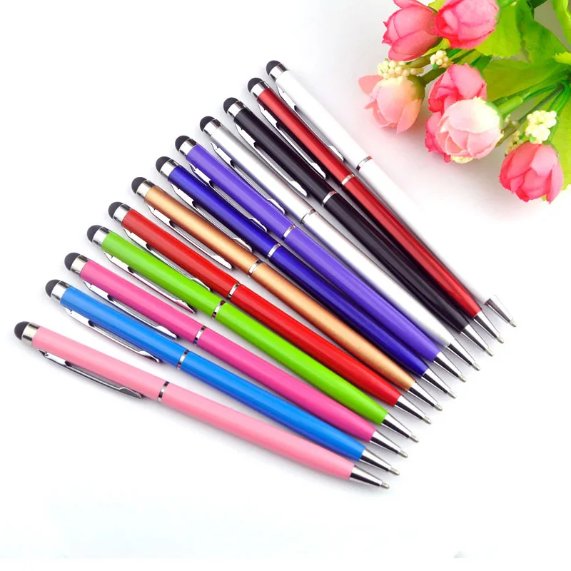 

Шариковая ручка 2 в 1, 1000 шт./партия, тонкий емкостный сенсорный металлический стилус из микрофибры для Iphone, Ipad, черные и синие чернила