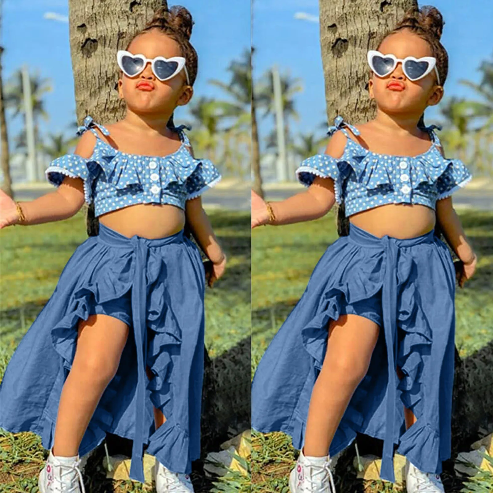 

Джинсовая Укороченная рубашка в горошек без рукавов для маленьких девочек, топы, шорты, юбки с оборками, летняя одежда из 3 предметов, компле...