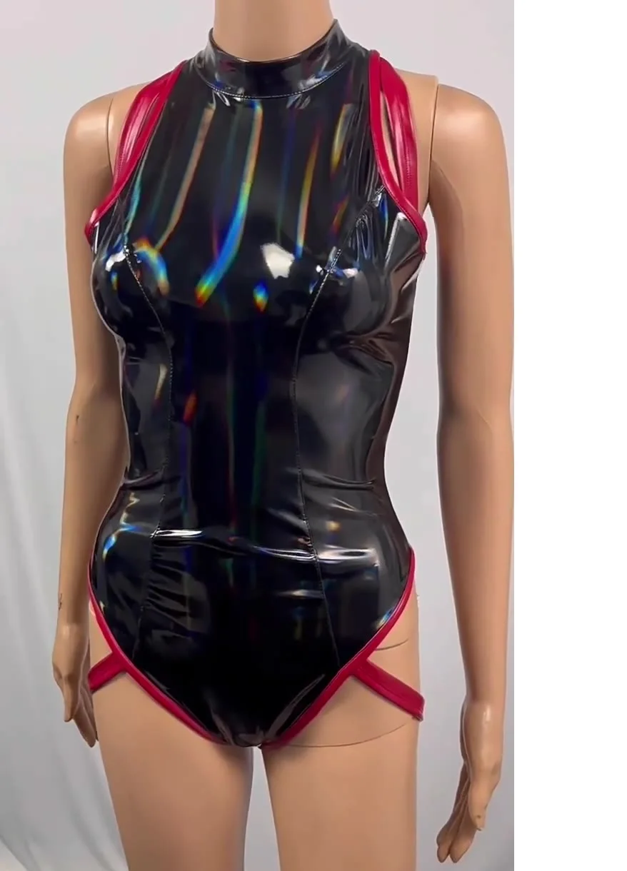 

Dazzle Colour PVC Faux Leather Sexy Cosplay Bodysuits Sleeveless T Crotch Onesie One-Piece Vest Stereo-Splice Chest Jumpsuits