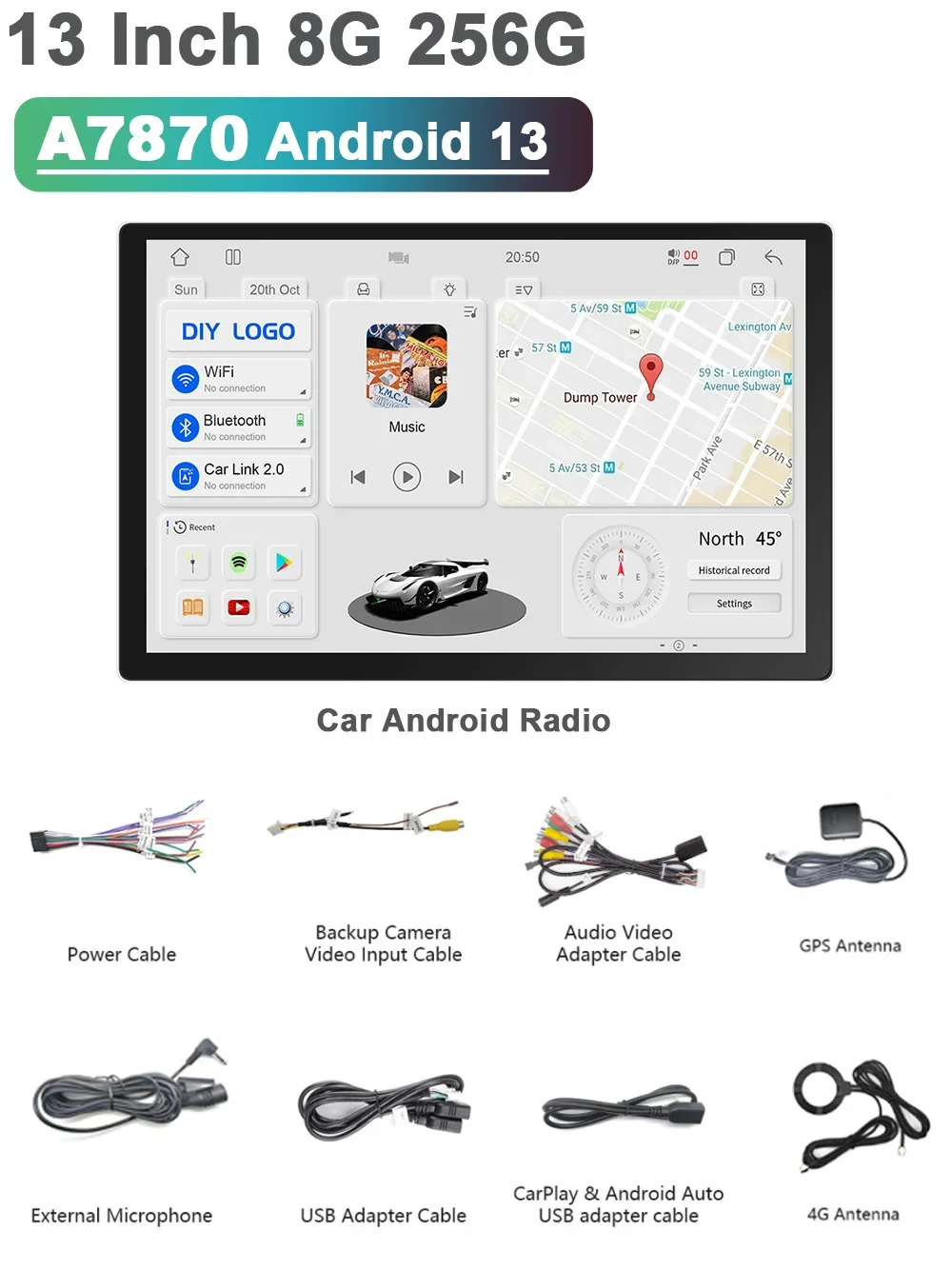 

13-дюймовый 8G 256G с поворотом на 360 градусов A7870 Android 13 Автомобильный радиоприемник GPS-навигация Автомобильный мультимедийный видеоплеер CarPlay