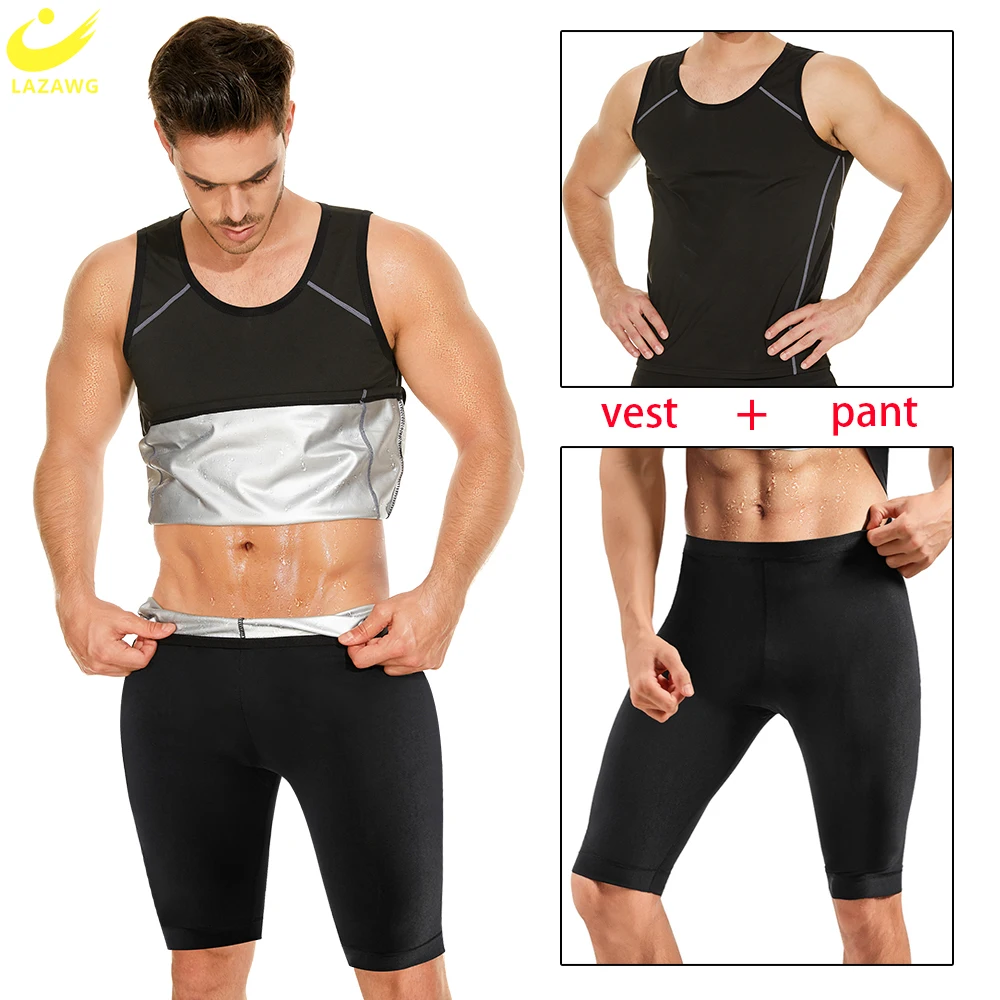 LAZAWG Sauna Suit for Men Sweat Set Slimming Shorts Weight Loss Vest High Waisted Pants Fitness Tank Top Body Shaper Fat Burner