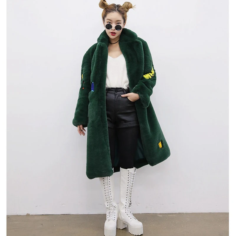 Rex Rabbit Faux Fur Coat Women 2022 Autumn Winter Long Jackets Female Casual Thick Warm Loose Coat Vintage Embroidery Clothes