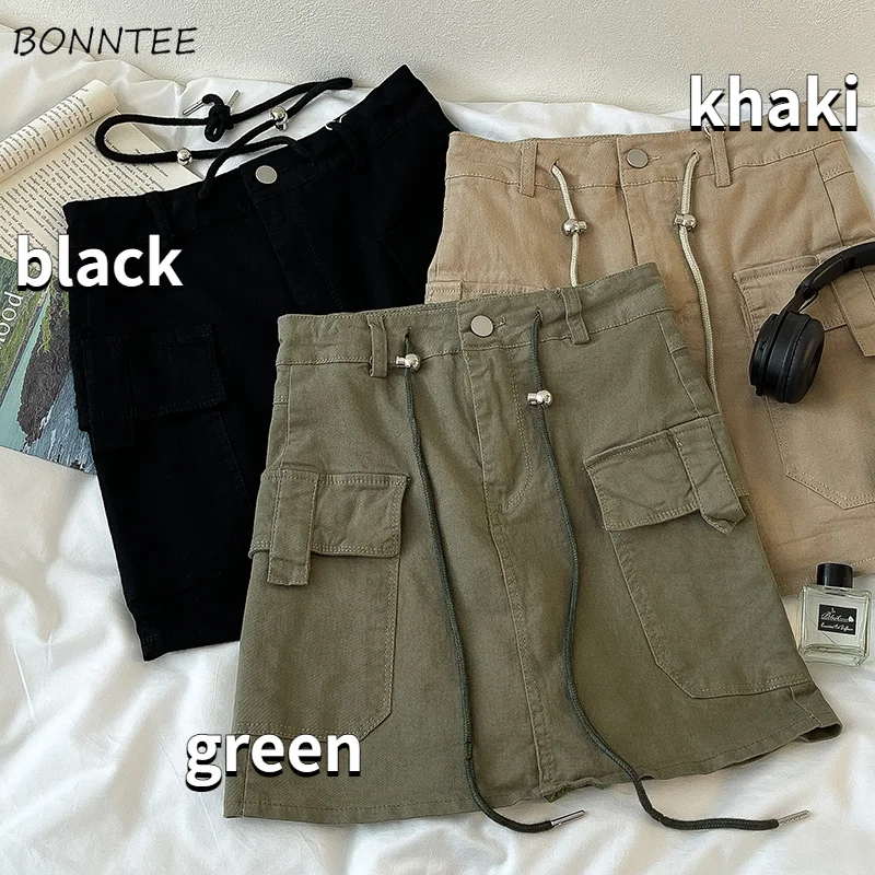 

Skirts Women Pockets Personality Retro Safari Style Summer Design Minimalist Pure Ulzzang Ladies Streetwear All-match Stylish