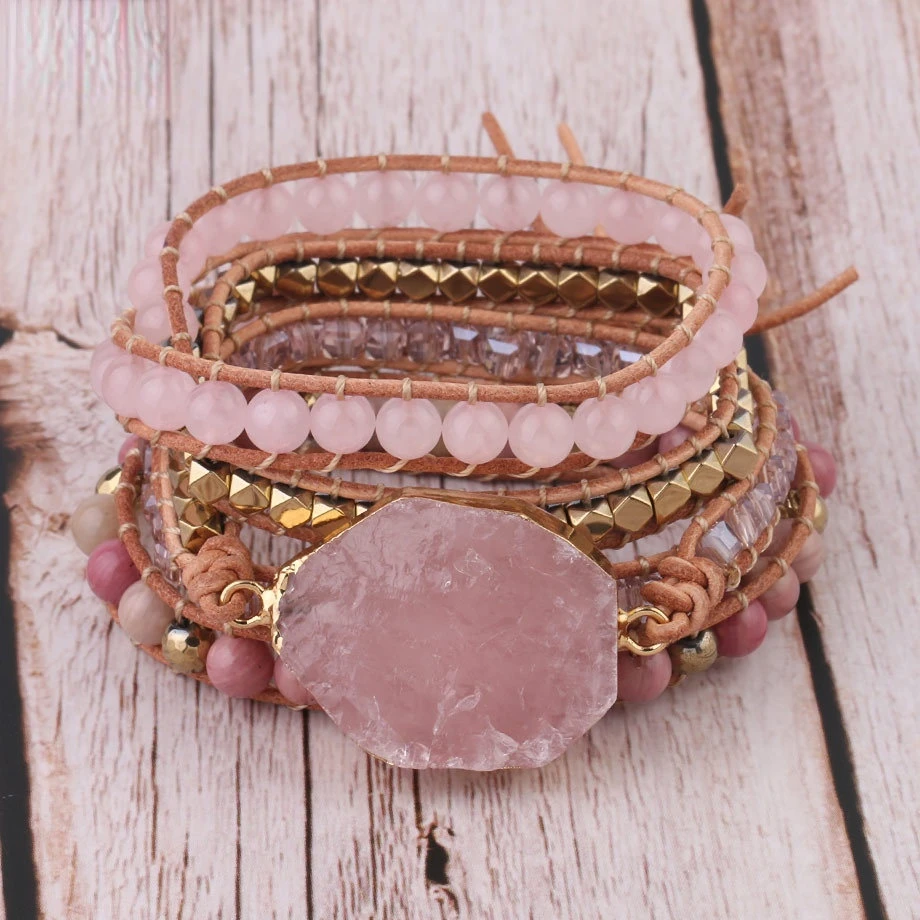 

5 Strand Natural Crystal Stone Bracelet Pink Quartz Leather Wrap Bracelets for Women Rose Gems Crystal Beads Bohemia Jewelry
