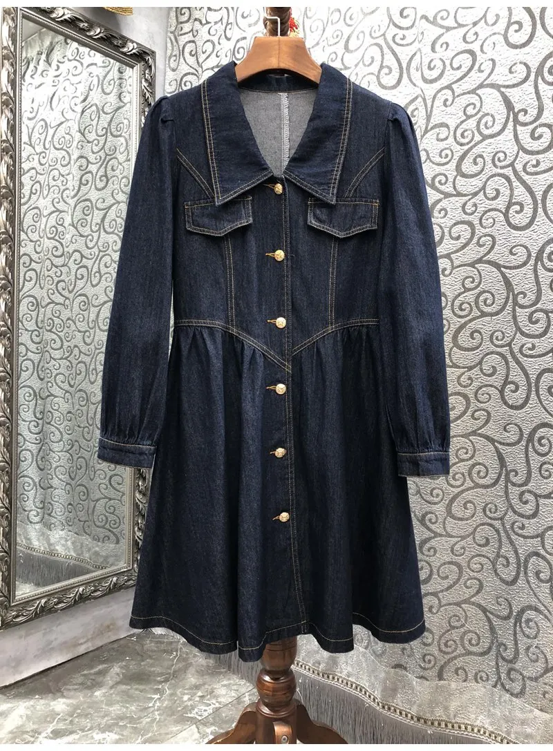 

Женское джинсовое платье с отложным воротником, осеннее платье с цветными вставками и пуговицами спереди, джинсовое платье с длинным рукавом, 2022