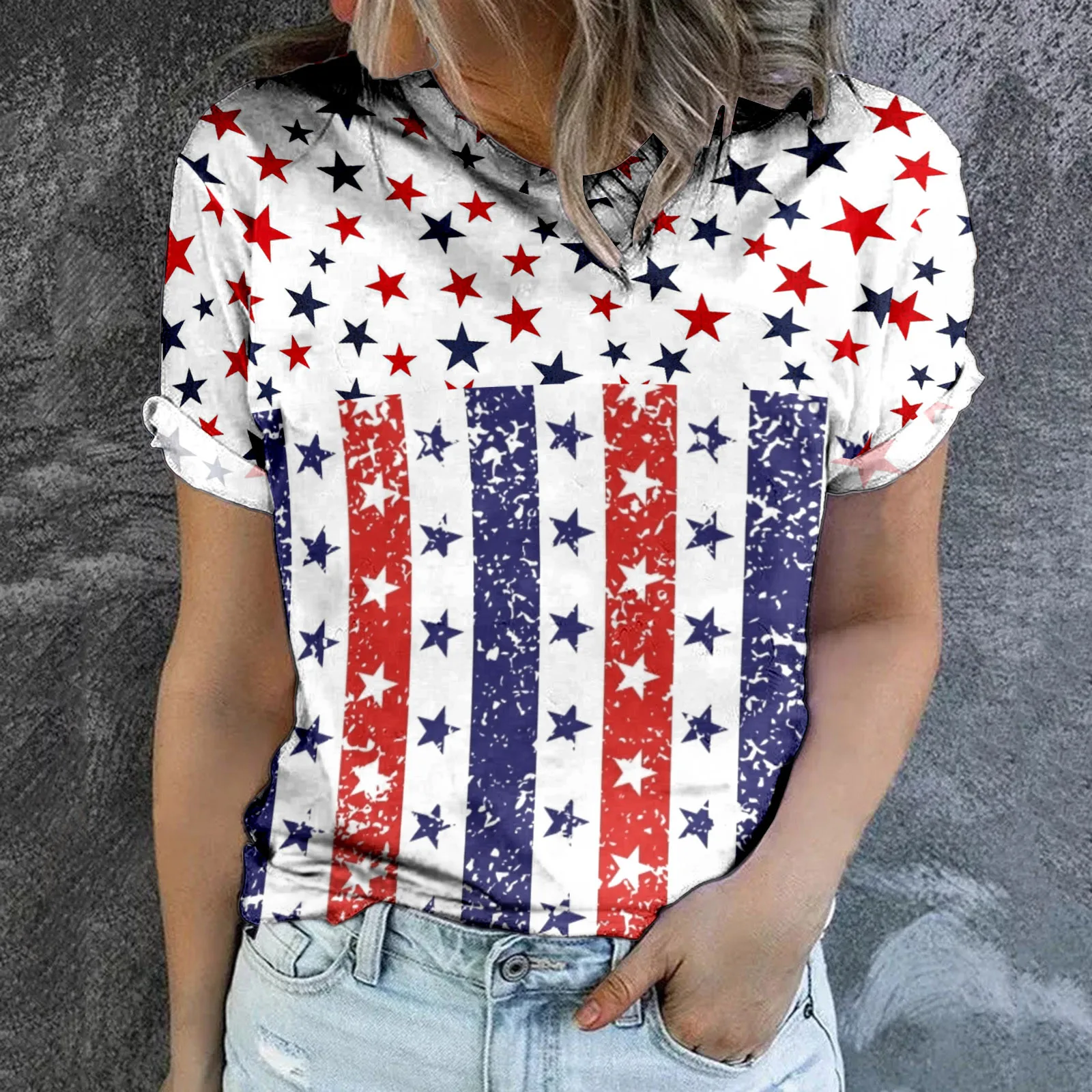

Womens American Flag Shirt Short Sleeve Round Neck USA Independence Day 4th Of July Flag Top Long Sleeve Rayon Tops for Women