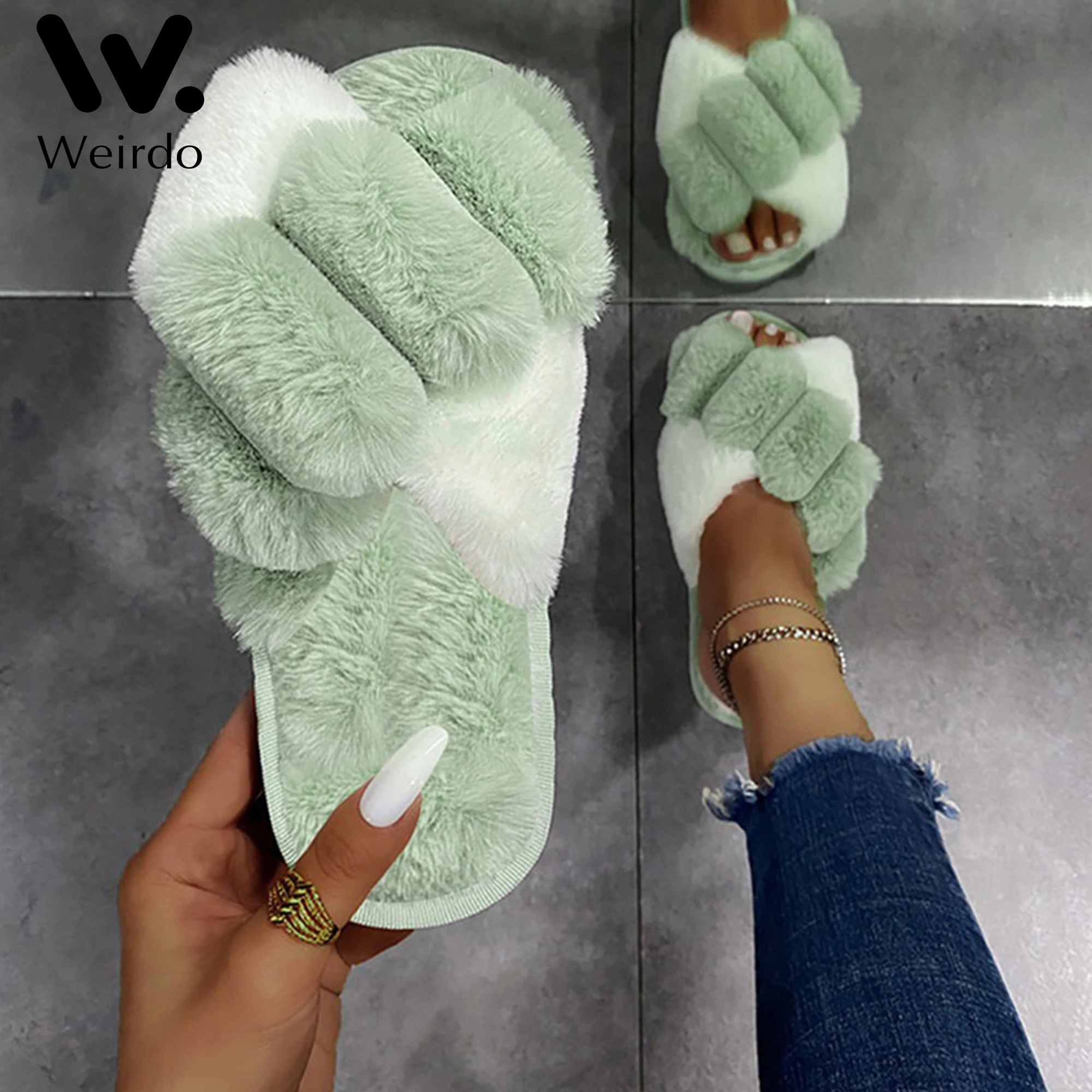 

Warm Fluffy Slippers Women Faux Fur Cross Indoor Floor Slides Flat Soft Furry Shoes Ladies Female Non Slip House Shoes Whosale