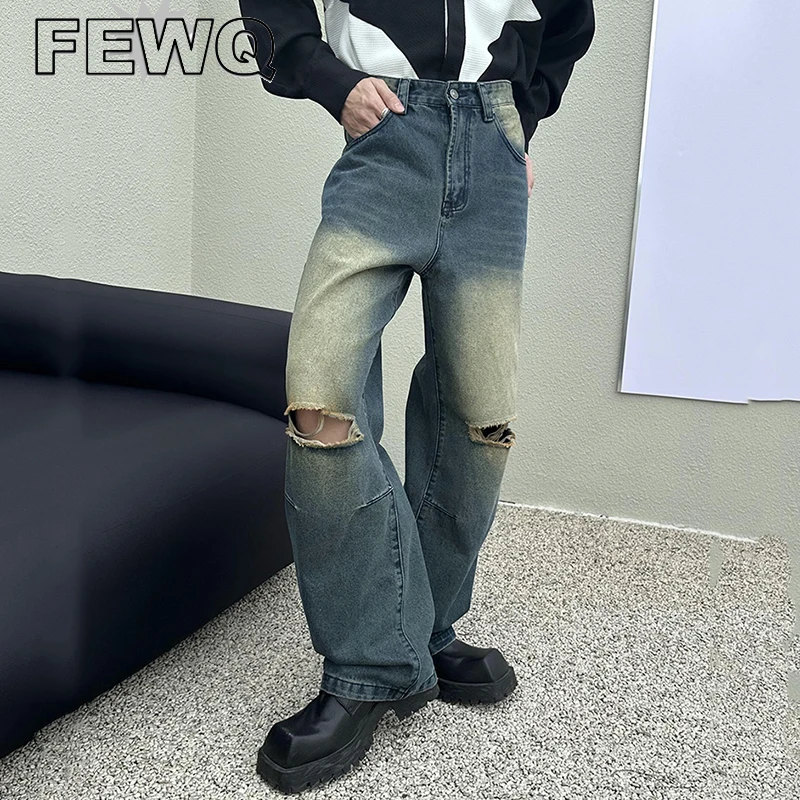 

Джинсы FEWQ мужские рваные, винтажные прямые брюки из денима с эффектом потертости, в американском стиле, весна 2023