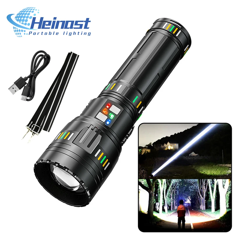 

Powerful 100W LED Flashlight Super Bright Spotlight Long Range Zoomable LED Torch Outdoor Tactical Flash Light Power Display