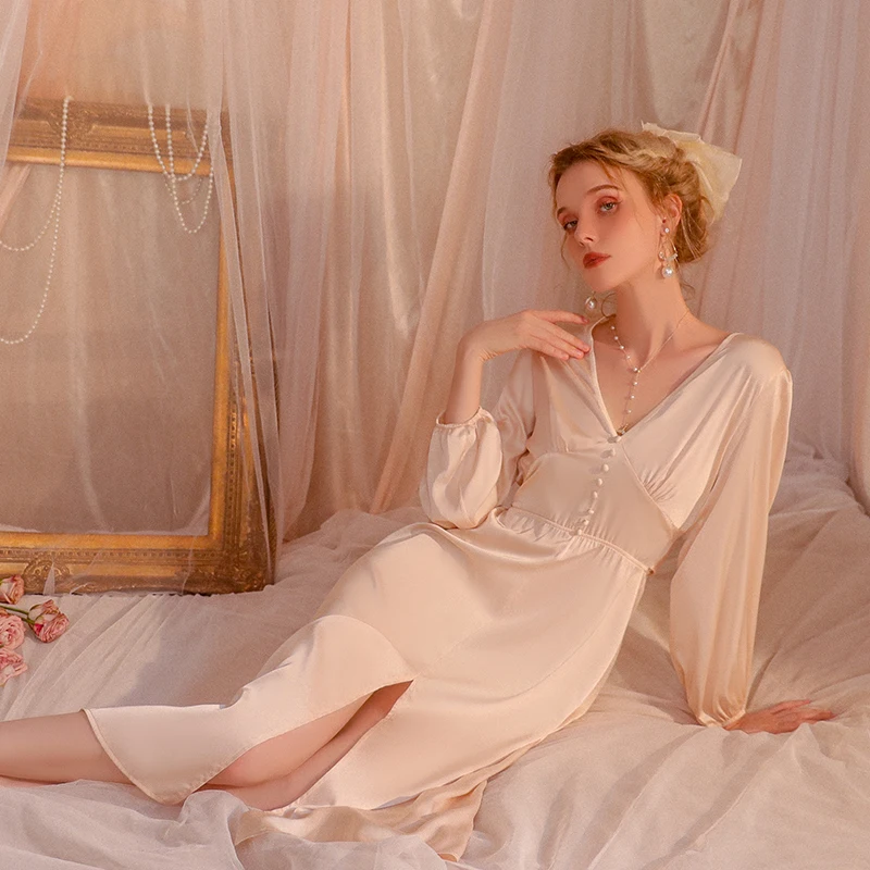 

French Princess Sleepwear Sexy Bow Ice Silk Temptation Long Dress Romantic Nightdress Women's Home Clothes Slit Nightgown
