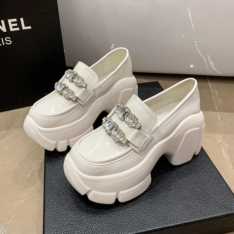 

7CM Thicken Soled tassel loafers Japannned Bling Wedges derby shoes for Woman flats fringe flat platform Shoes Women muffins