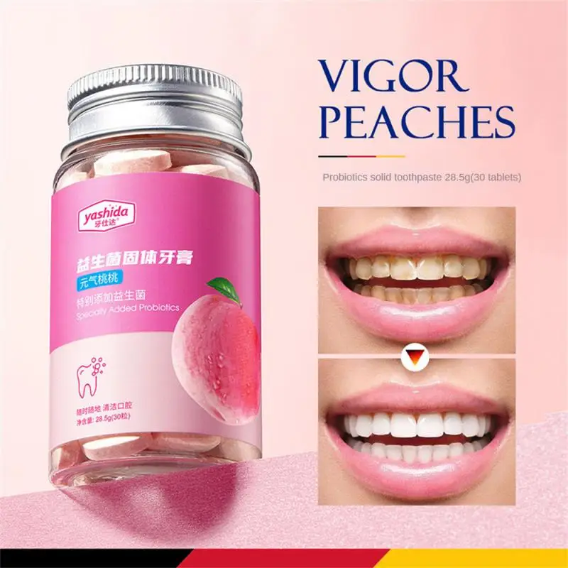 

Probiotic Solid Toothpaste Tablets Peach Flavors Teeth Whitening Charcoal Remove Smoke Stains Bad Breath Fresh 30 Capsul/bottle