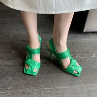 new green summer square toe sandals women fashion narrow band high heels ladies party dress sandals shoes