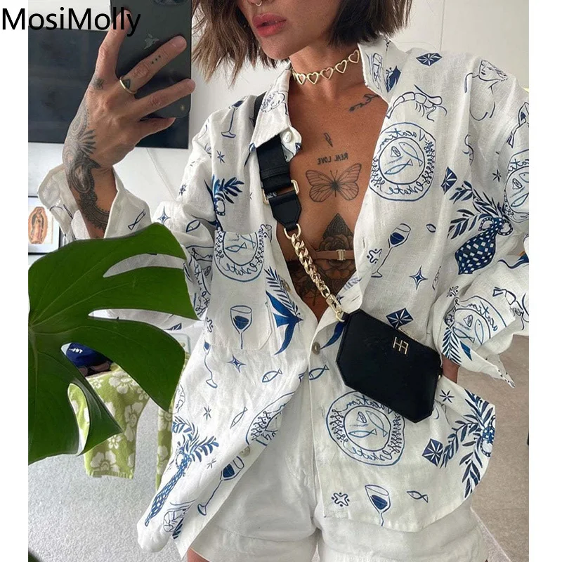 

MosiMolly Cotton Print Blouses Shirt Women Beach Bikini sun protection Top Cover Up White Blouses 2022 Summer Female Blusas