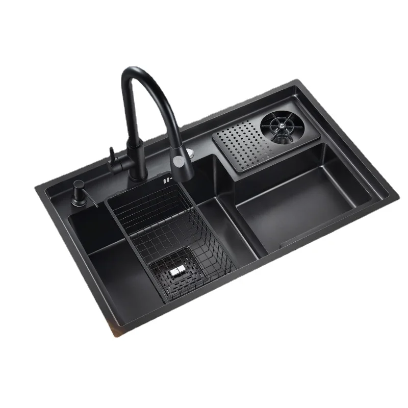 

78*48cm stainless steel cup washer sink kitchen multifunctional black diamond nano large single-slot step vegetable sink
