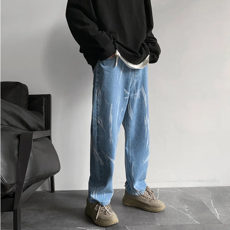 DEEPTOWN Black Straight Jeans Men Blue Loose Denim Pants Vintage Casual Cowboy Trousers Male Fashion Streetwear Hip Hop Spring