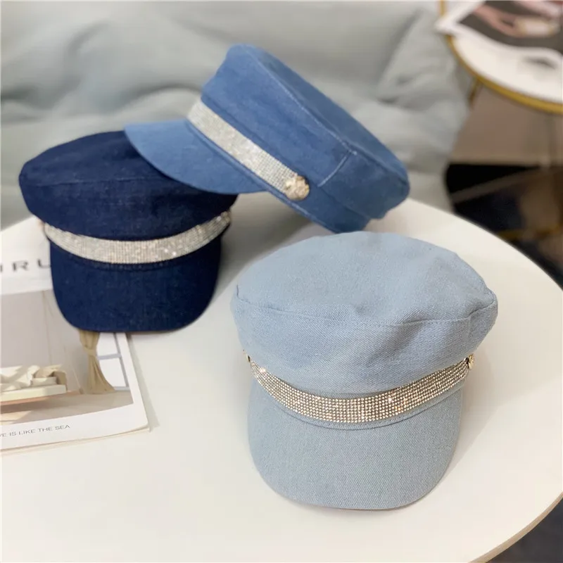 

Glitter Rhinestone Flat Top Octagonal Hats For Women Denim Military Cap Hat Streetwear Visors Leisure Ladies Beret