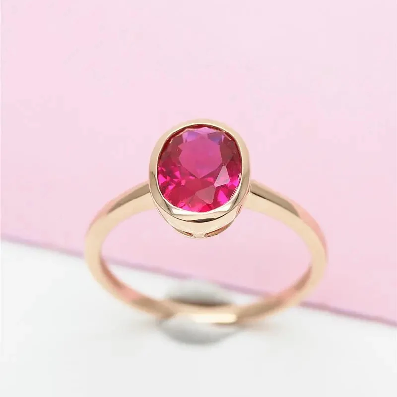 

585 purple gold plated 14K rose gold inlaid oval simple ruby rings for couples charm elegant and refined romantic jewelry