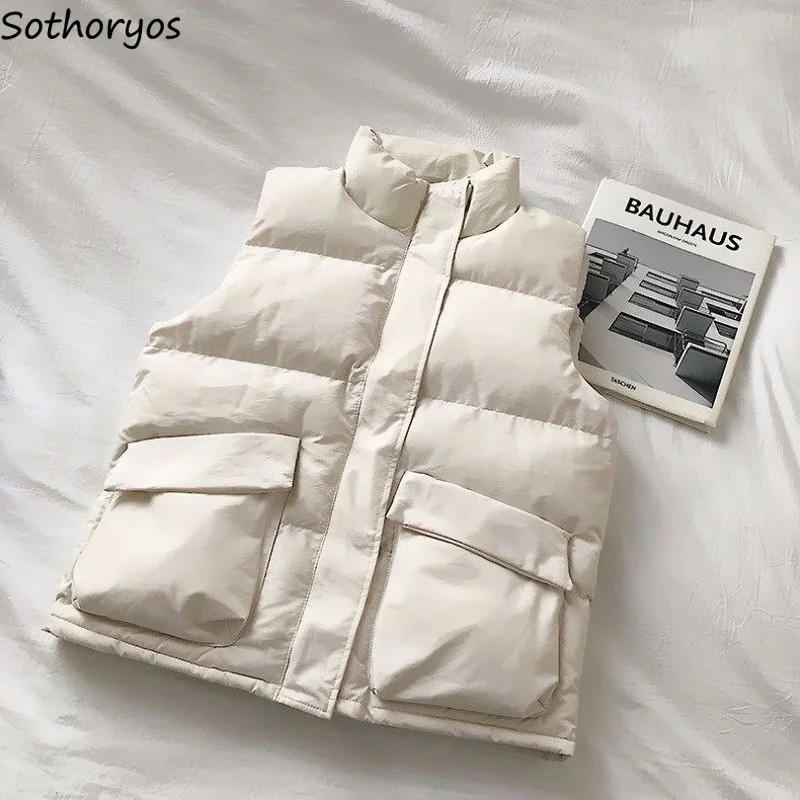 

Short Style Parkas Women Winter Sleeveless Warm Korean-Style Pockets Button Solid Fashion Vintage Elegant All-match Simple Tops