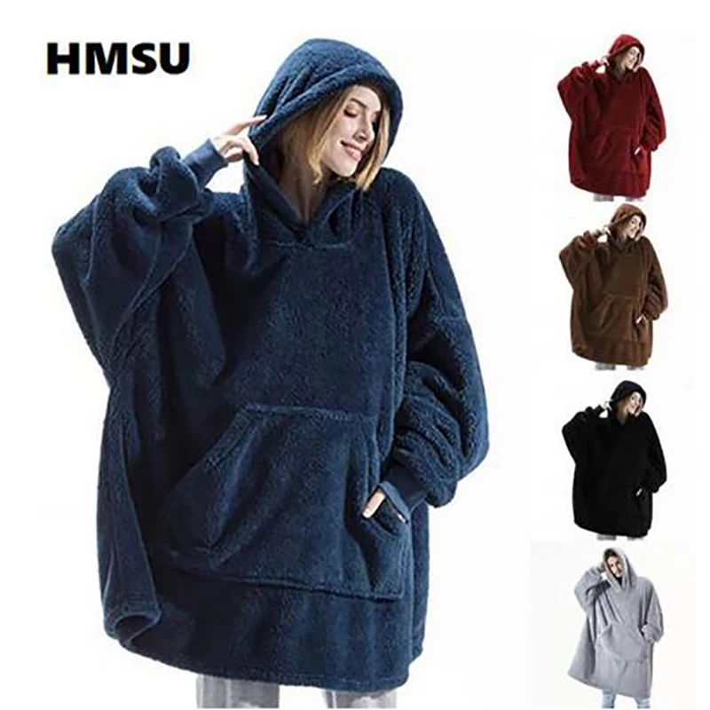 

HMSU Oversized Hoodie Blanket With Sleeves Sweatshirt Plaid Winter Fleece Hoody Women Pocket Female Hooded Sweat Oversize Femme