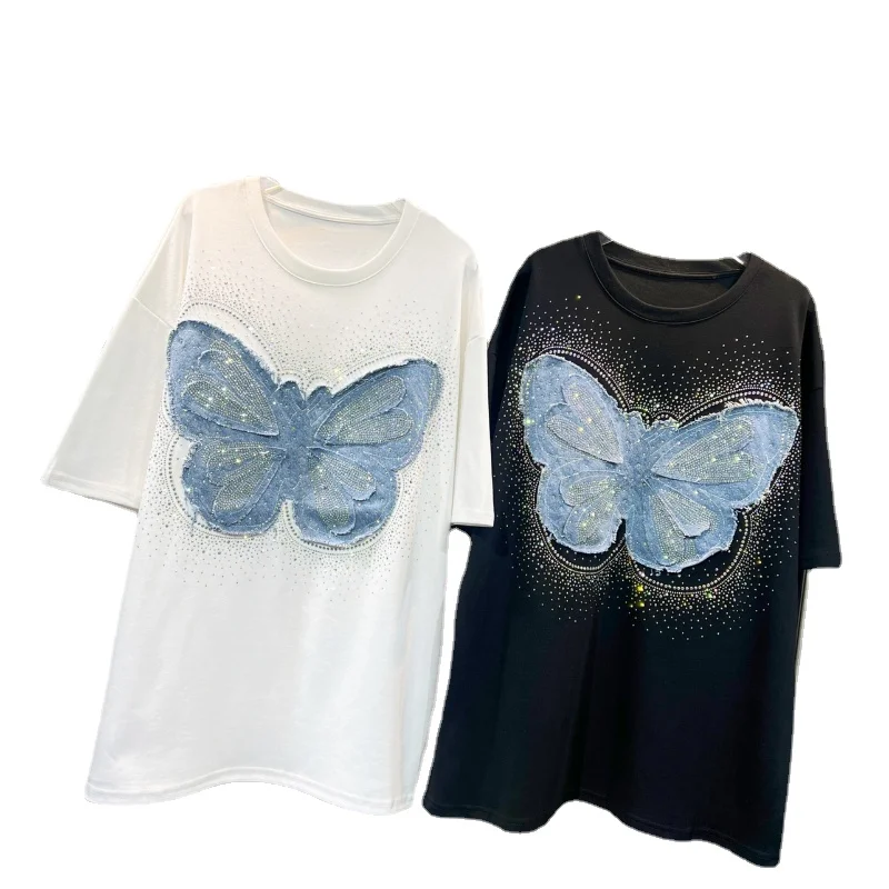 Модная футболка с бабочкой и стразами для тяжелой промышленности женская летняя